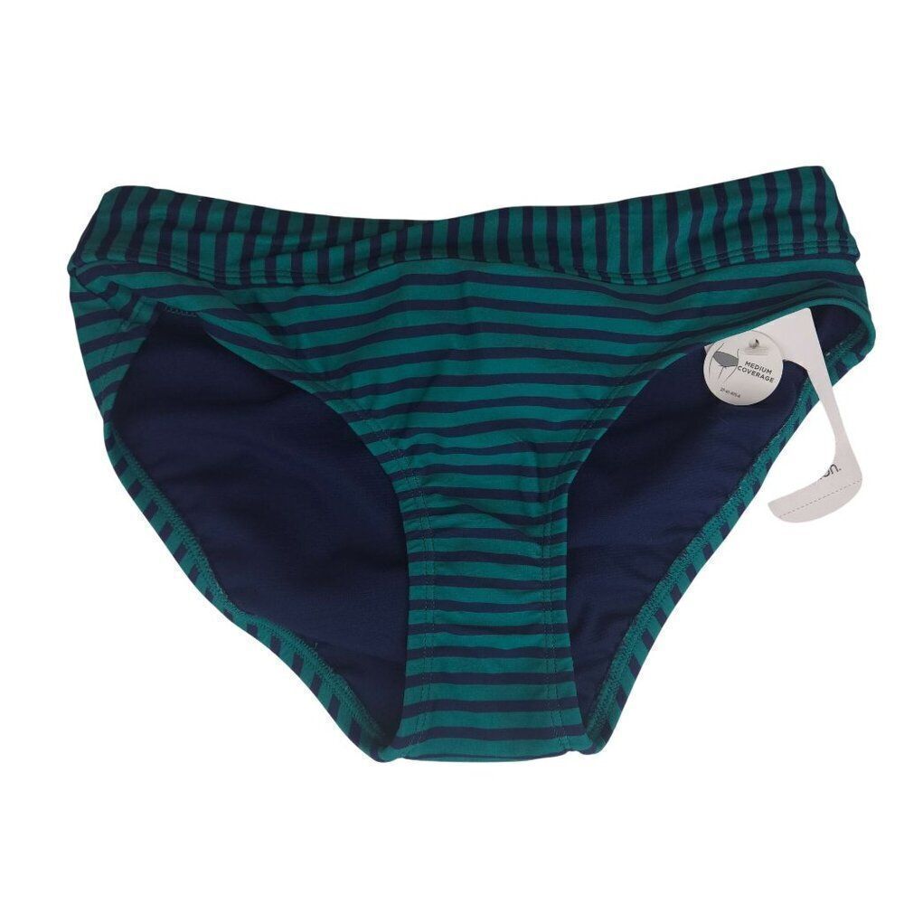 Striped Teal Navy Blue Bikini Bottom Medium Coverage XS Womens Swimwear NEW